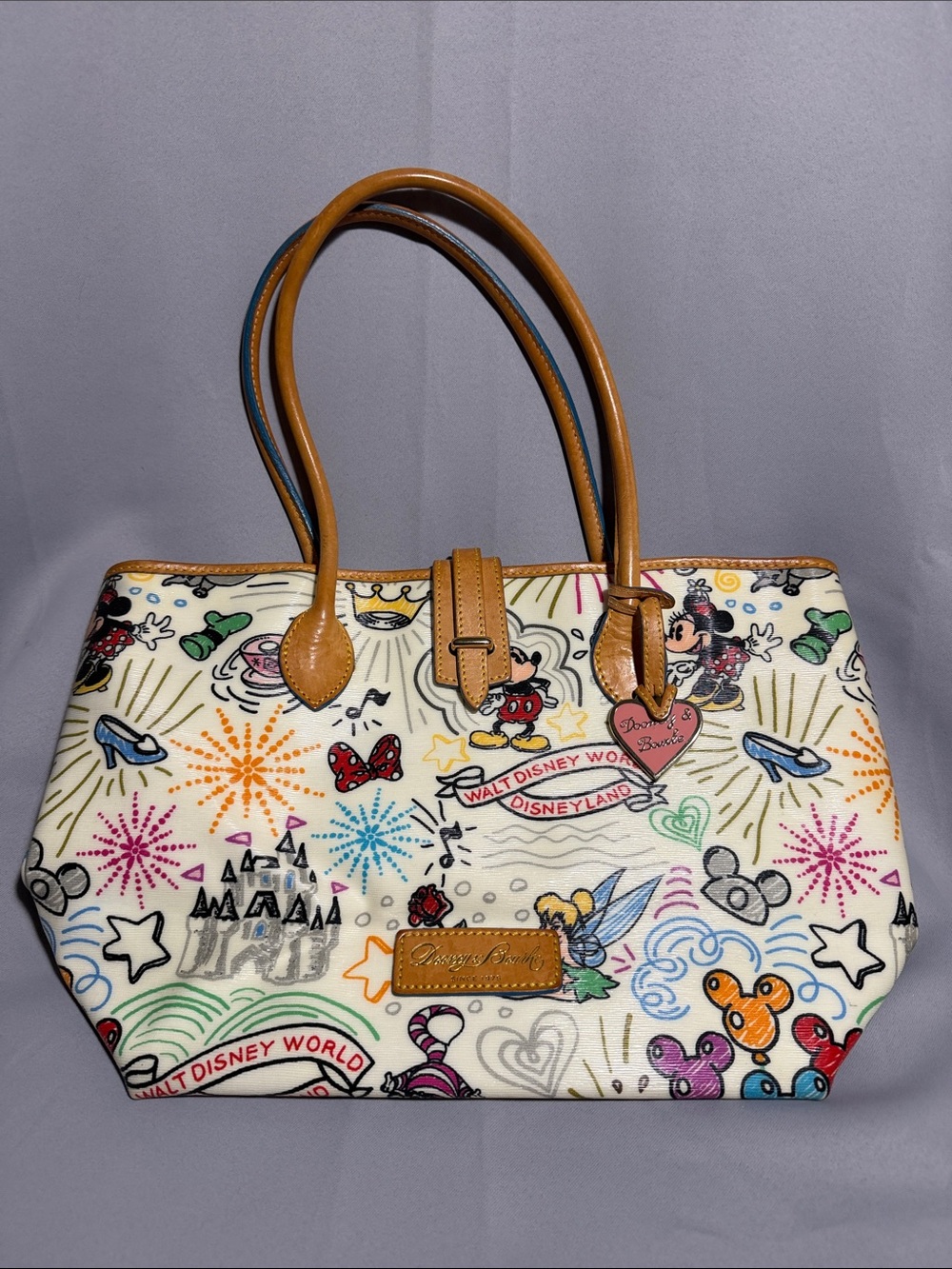 Dooney & Bourke Cream Disney Print Tote with Tan Leather Trim